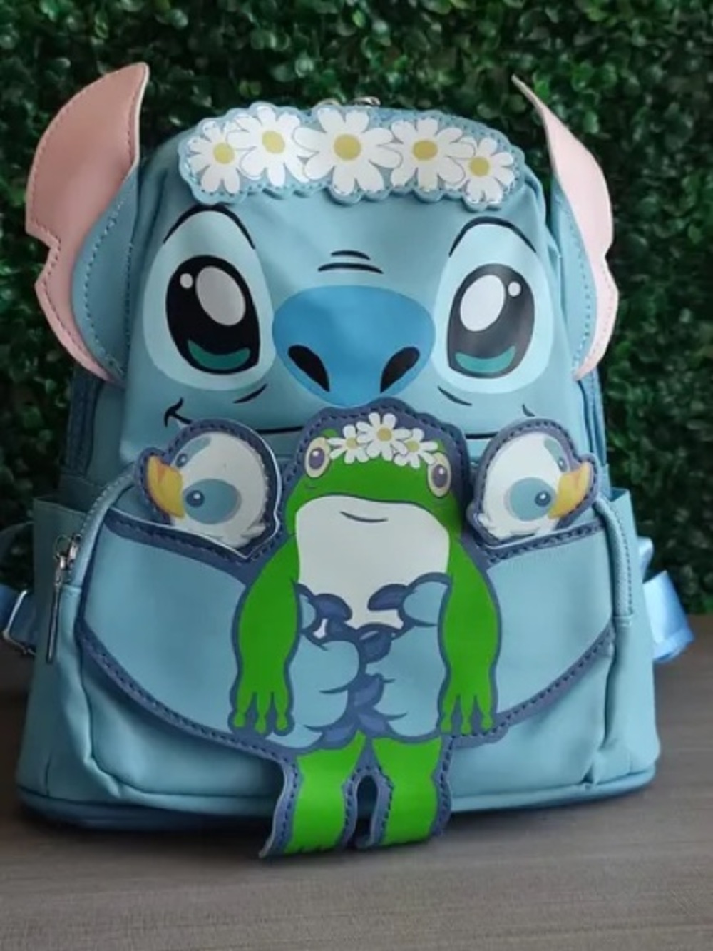 Love Stitch Blue Kids Backpack with Green Frog and Pink Ear Accents